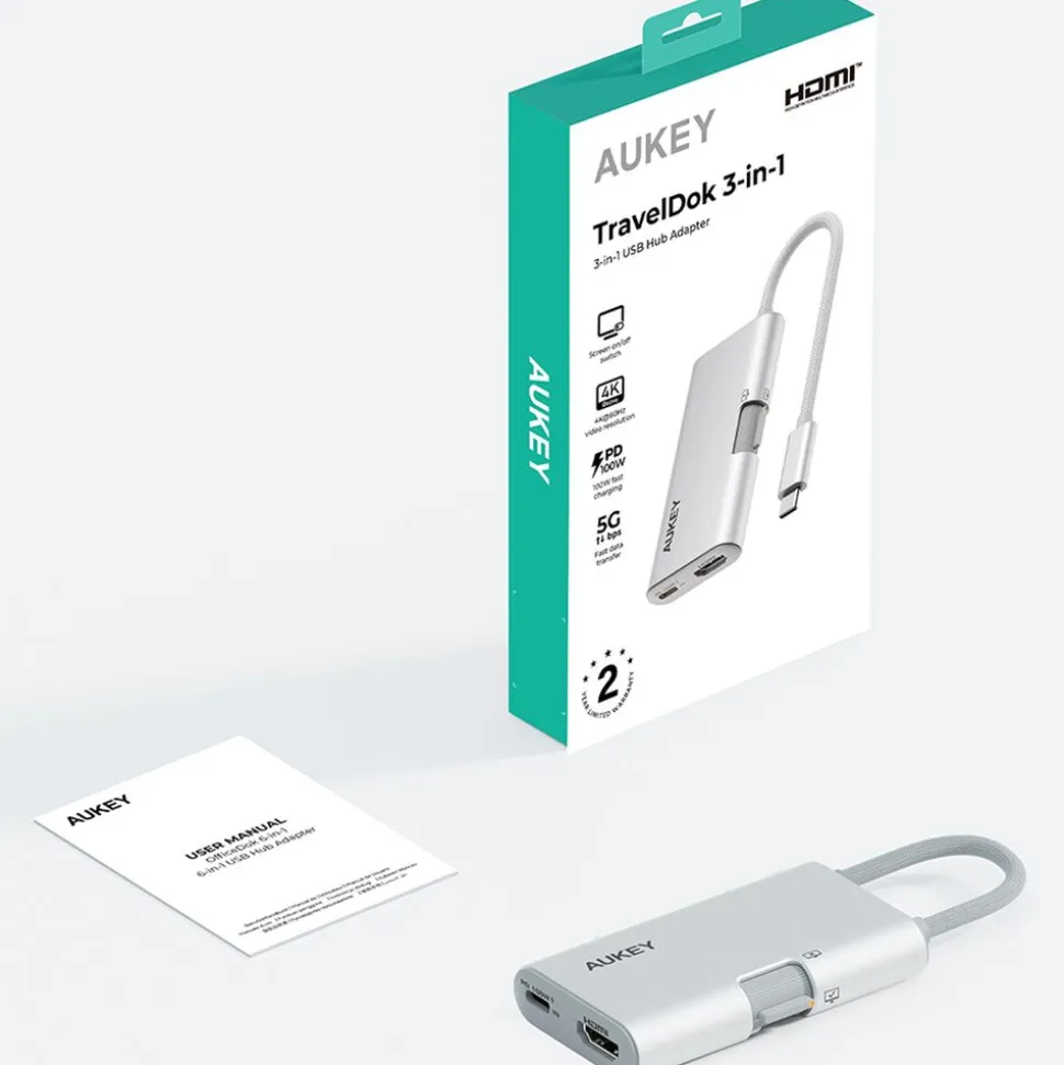 Hub USB-C adapter 3 w 1 Aukey UH-CUH01 TravelDok, srebrny