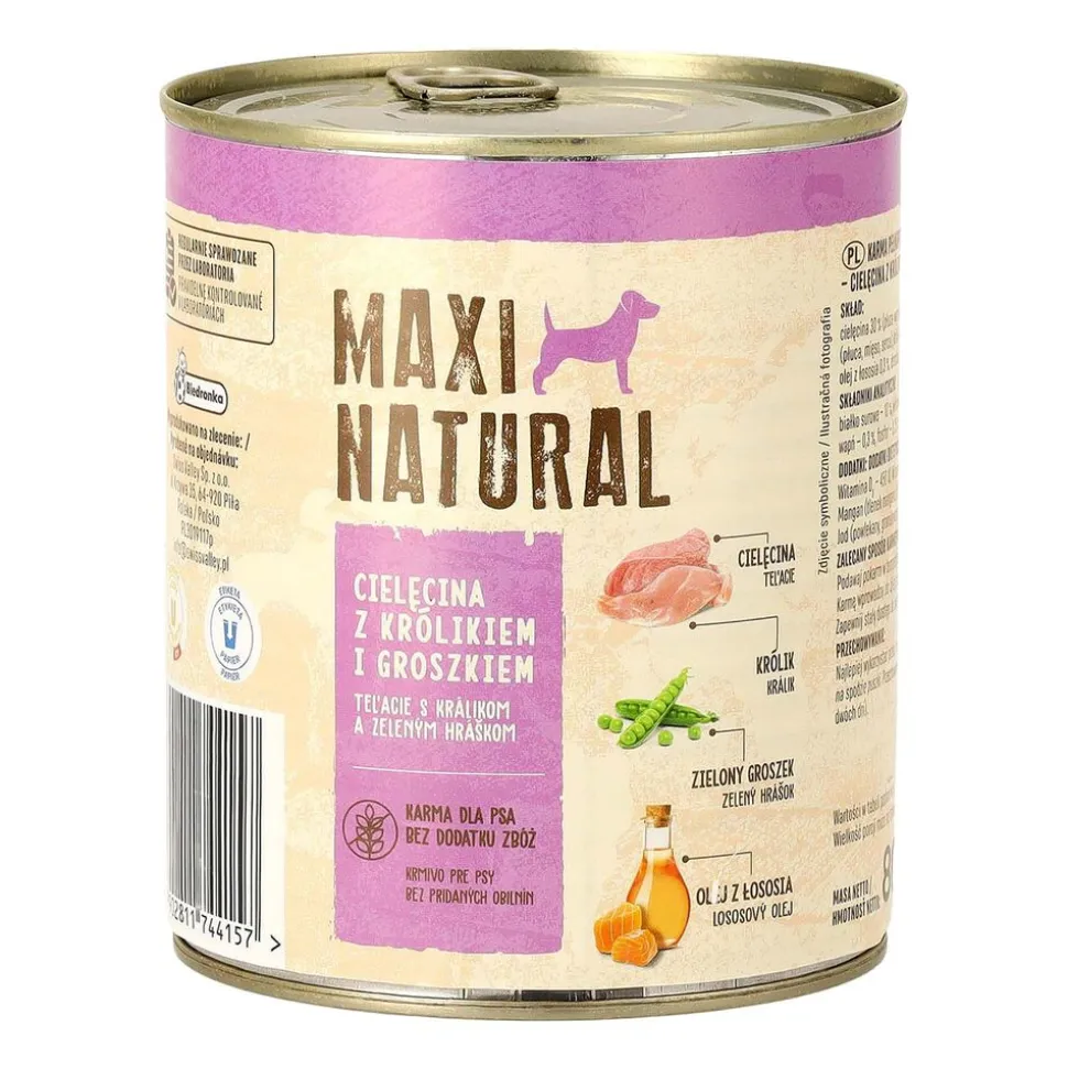Karma dla psa Maxi Natural, cielęcina i królik z zielonym groszkiem, mokra, 12 x 800 g
