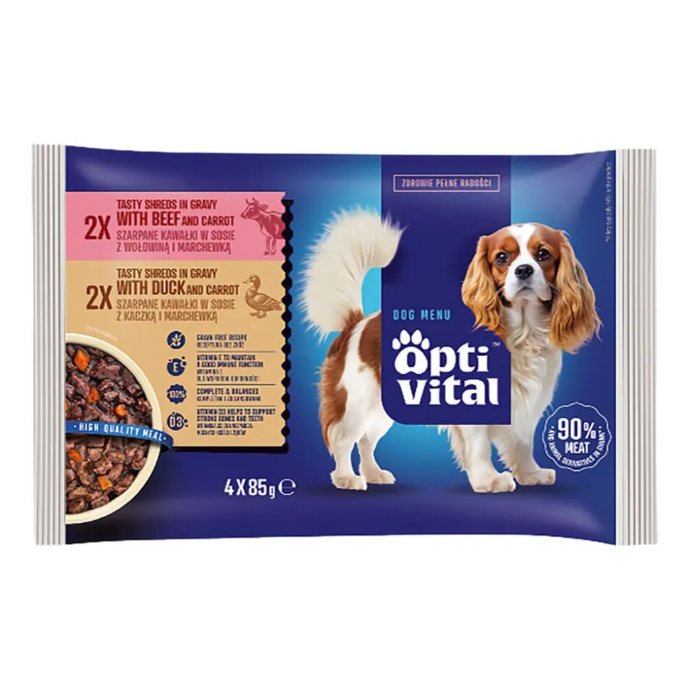 Karma dla psa OptiVital, mokra, saszetki, kaczka, wołowina, 60 x 85 g