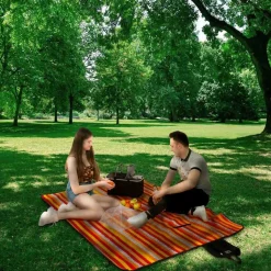 Koc piknikowy 150 x 200 cm Tadar, z izolacją, w paski, pomarańczowy