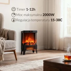 Kominek elektryczny LED Adler AD7755, z pilotem, 2 moce grzania, 1000 W/2000 W