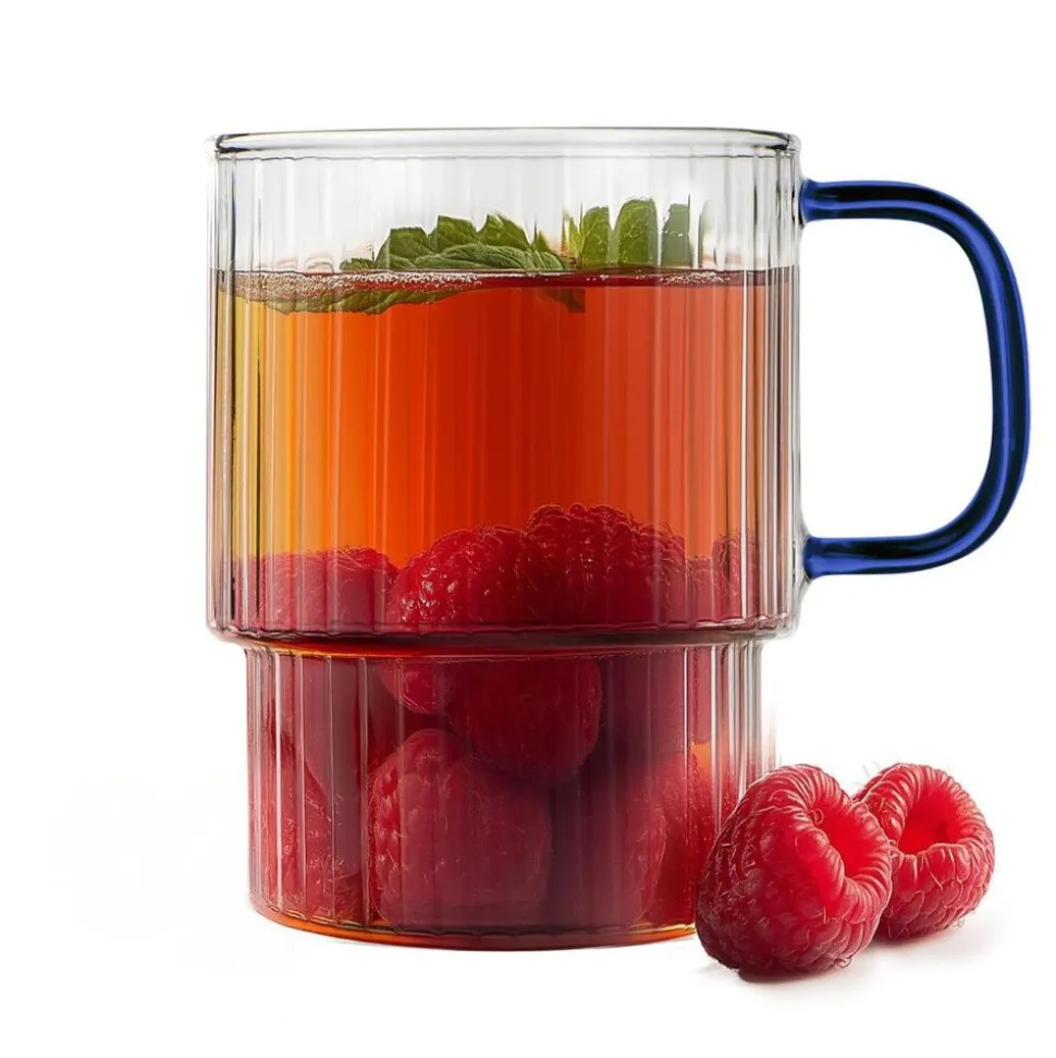Komplet 2 szklanek ryflowanych Vialli Design Livio, 350 ml, z niebieskiem uchem