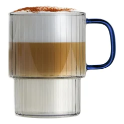 Komplet 2 szklanek ryflowanych Vialli Design Livio, 350 ml, z niebieskiem uchem
