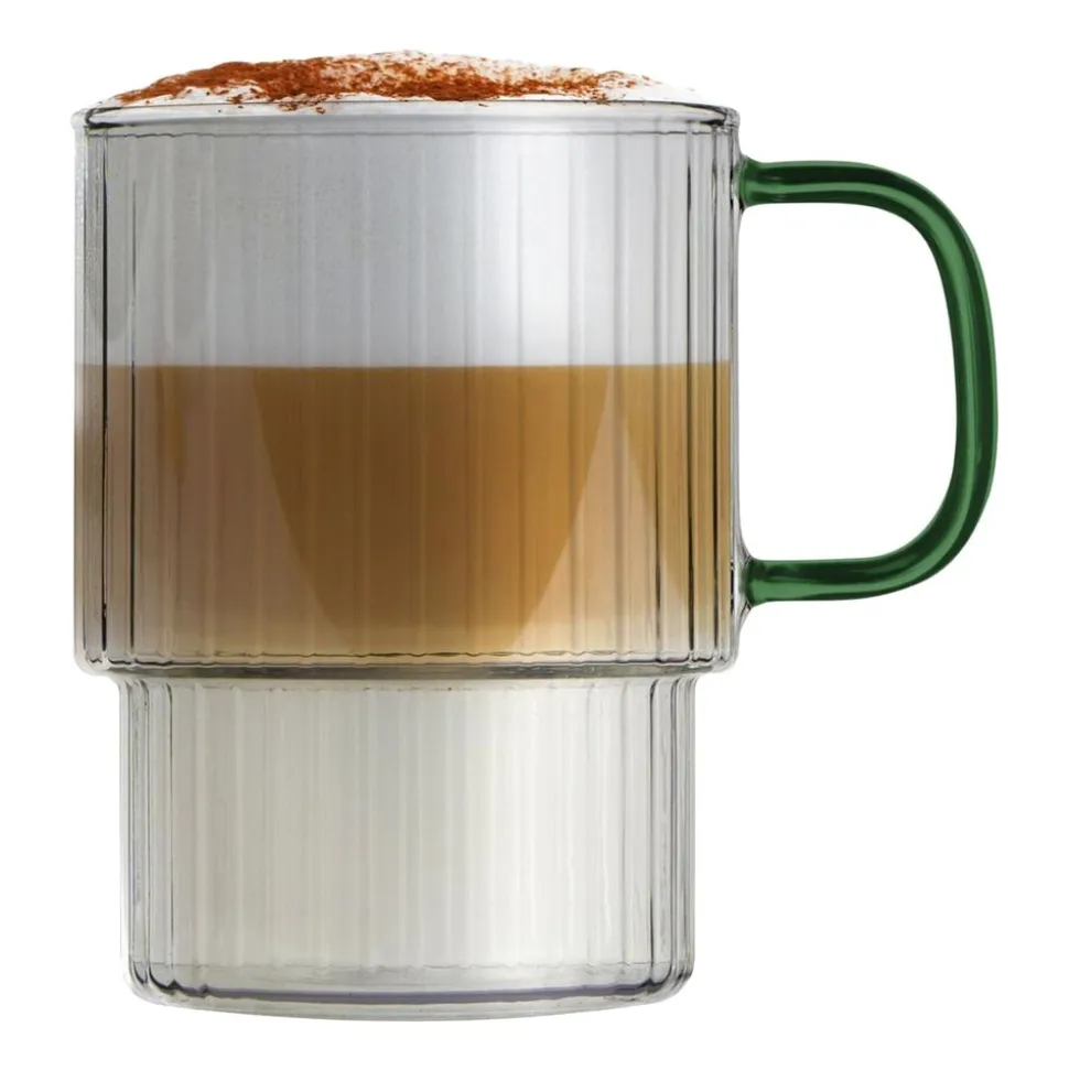Komplet 2 szklanek ryflowanych Vialli Design Livio, 350 ml, z zielonym uchem