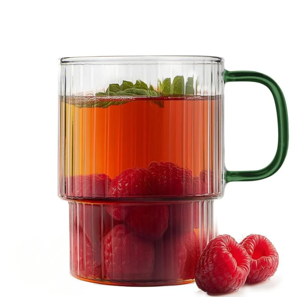 Komplet 2 szklanek ryflowanych Vialli Design Livio, 350 ml, z zielonym uchem