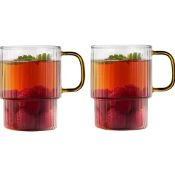Komplet 2 szklanek ryflowanych Vialli Design Livio, 350 ml, z żółtym uchem