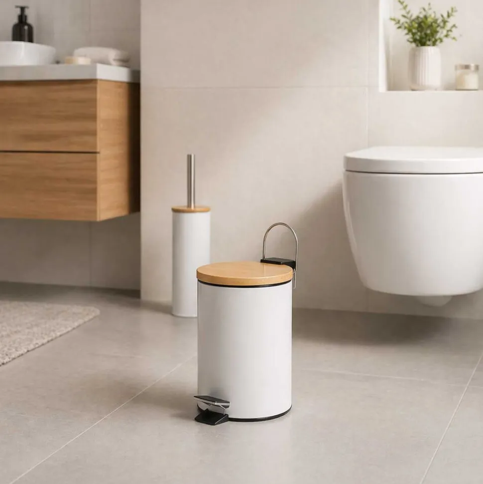 Kosz na śmieci Altom Design, 3 l, z bambusową pokrywką i pedałem, biały