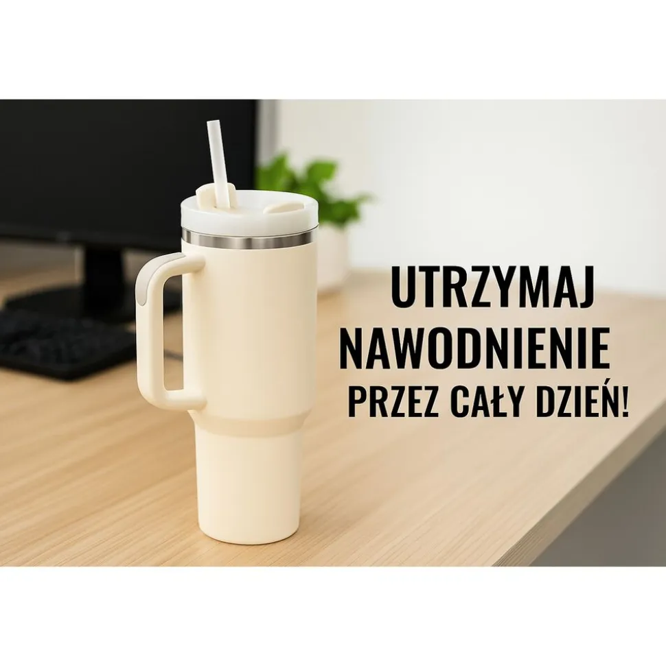 Kubek termiczny ze słomką Black Forest, 1200 ml, kremowy