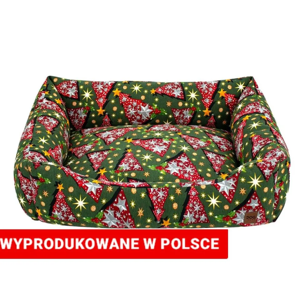 Legowisko Dogguru z motywem świątecznym, choinki, zielone