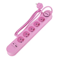 Listwa zasilająca Hykker, z USB, 1,5 m, 5 gniazd, różowa