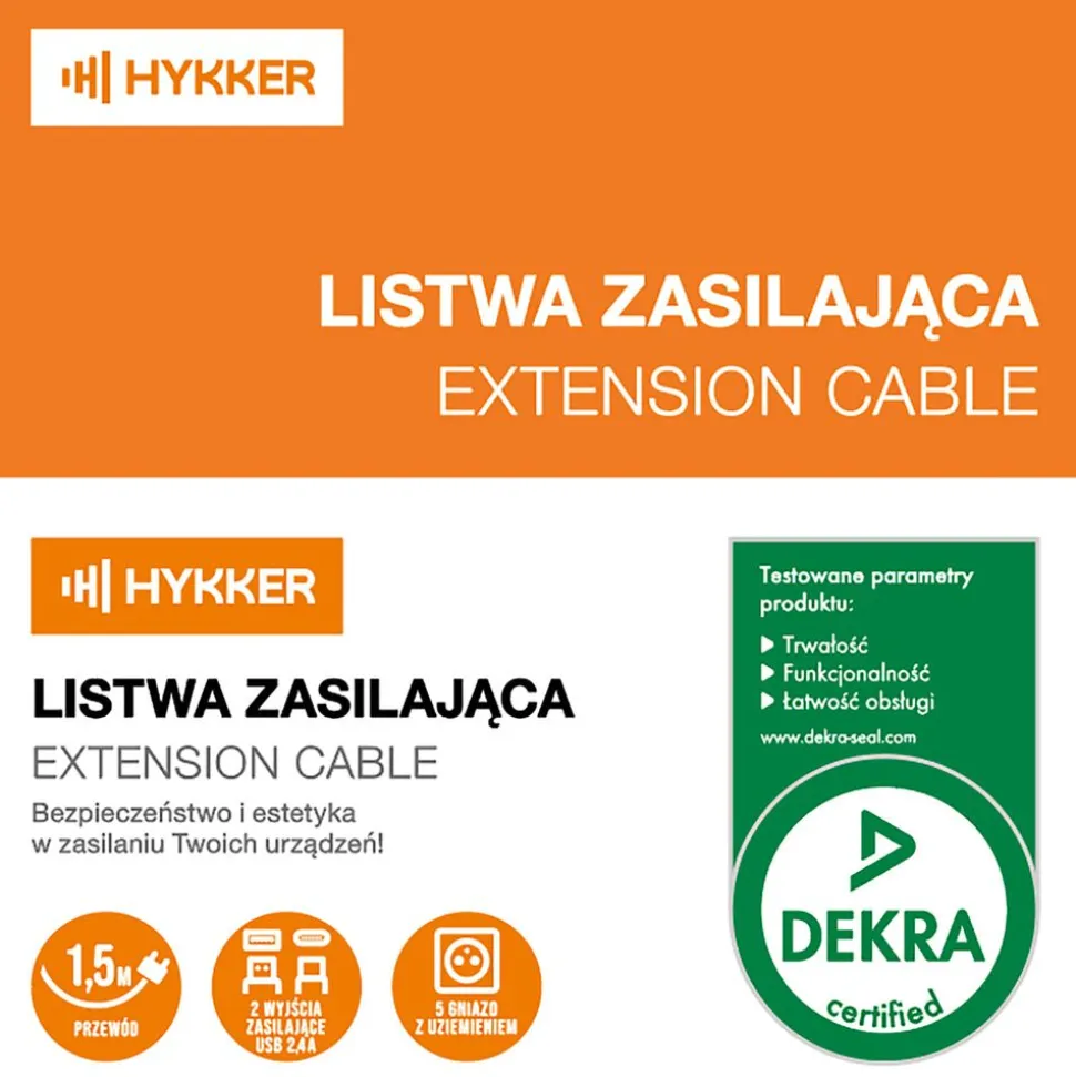 Listwa zasilająca Hykker, z USB, 1,5 m, 5 gniazd, szara