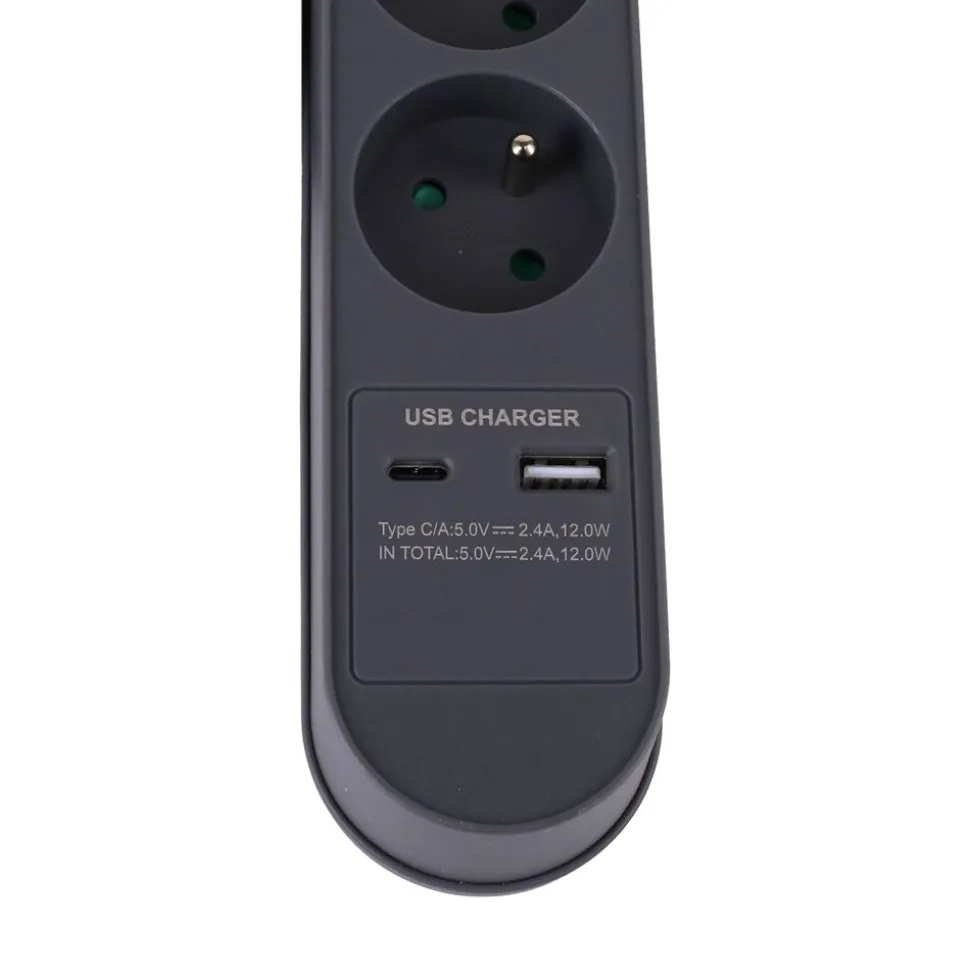 Listwa zasilająca Hykker, z USB, 1,5 m, 5 gniazd, szara