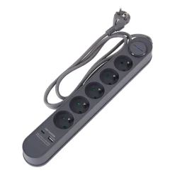 Listwa zasilająca Hykker, z USB, 1,5 m, 5 gniazd, szara