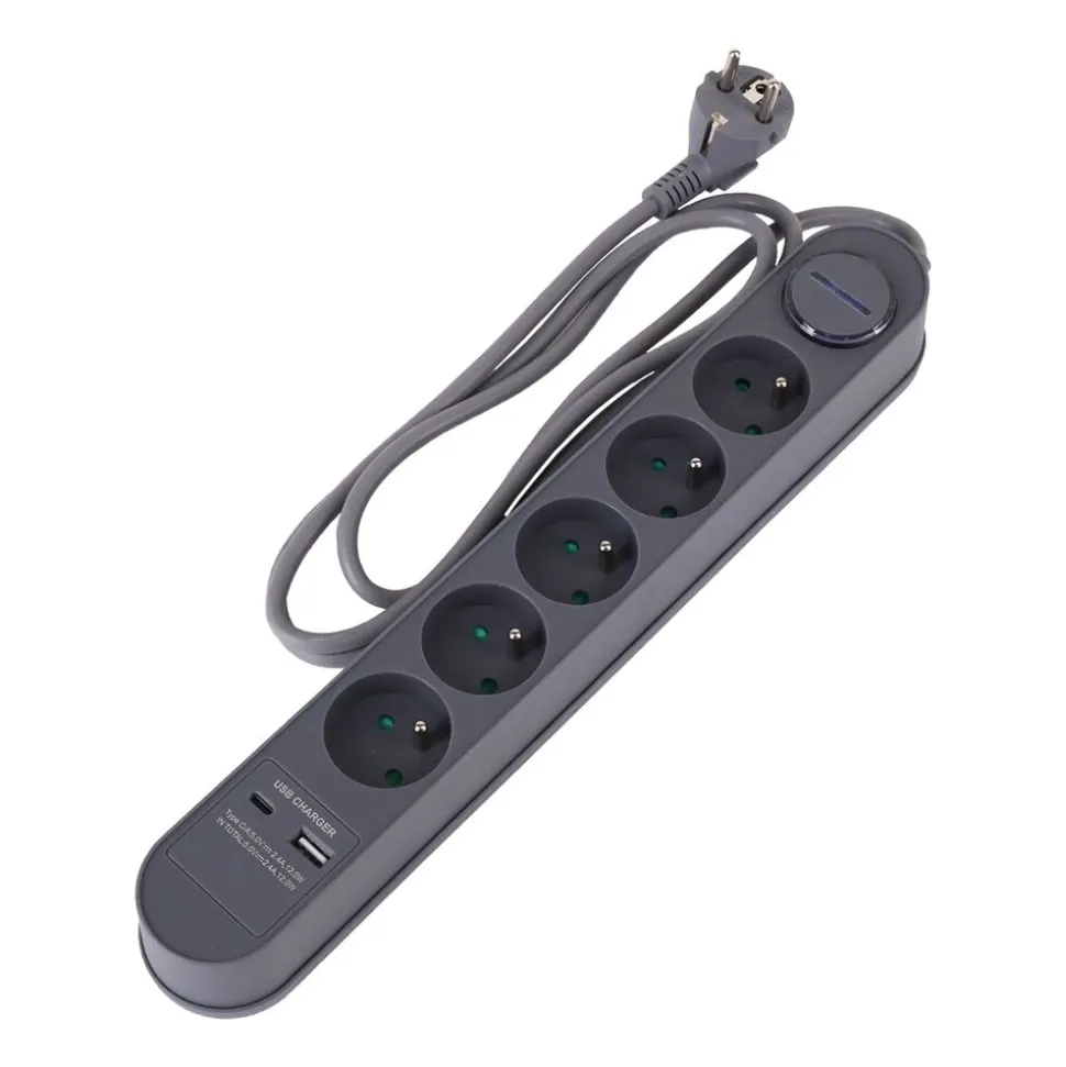 Listwa zasilająca Hykker, z USB, 1,5 m, 5 gniazd, szara