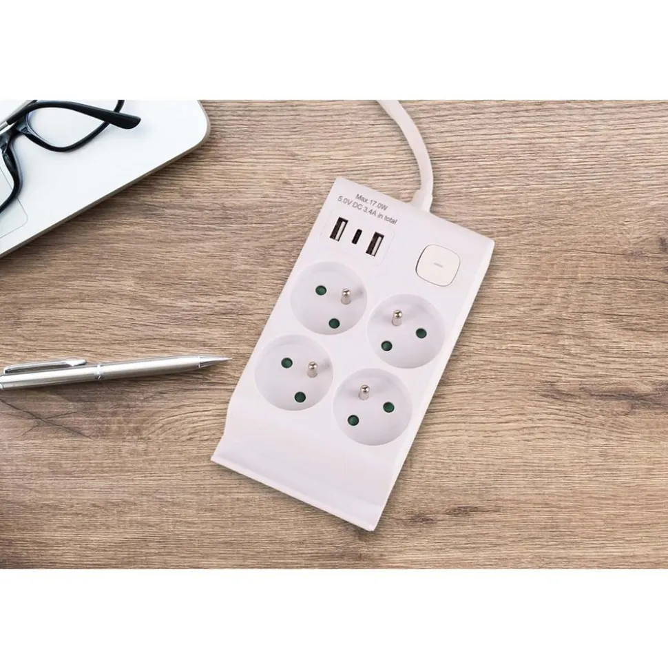 Listwa zasilająca z wyłącznikiem Hykker, 4 gniazda, 2 x USB-A, USB-C, biała