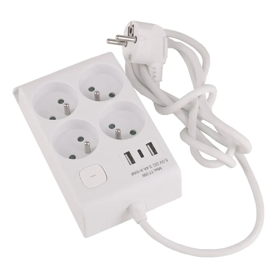 Listwa zasilająca z wyłącznikiem Hykker, 4 gniazda, 2 x USB-A, USB-C, biała
