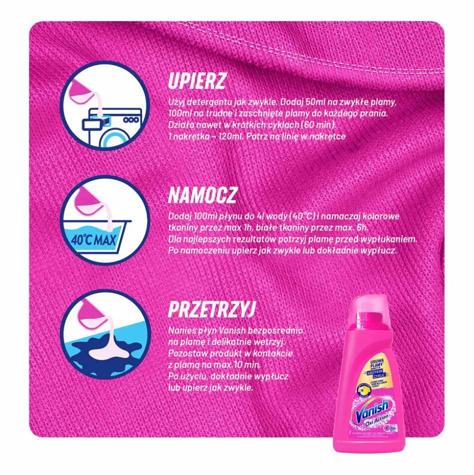 Odplamiacz do kolorowych tkanin Vanish Oxi Action Pink, 1 l