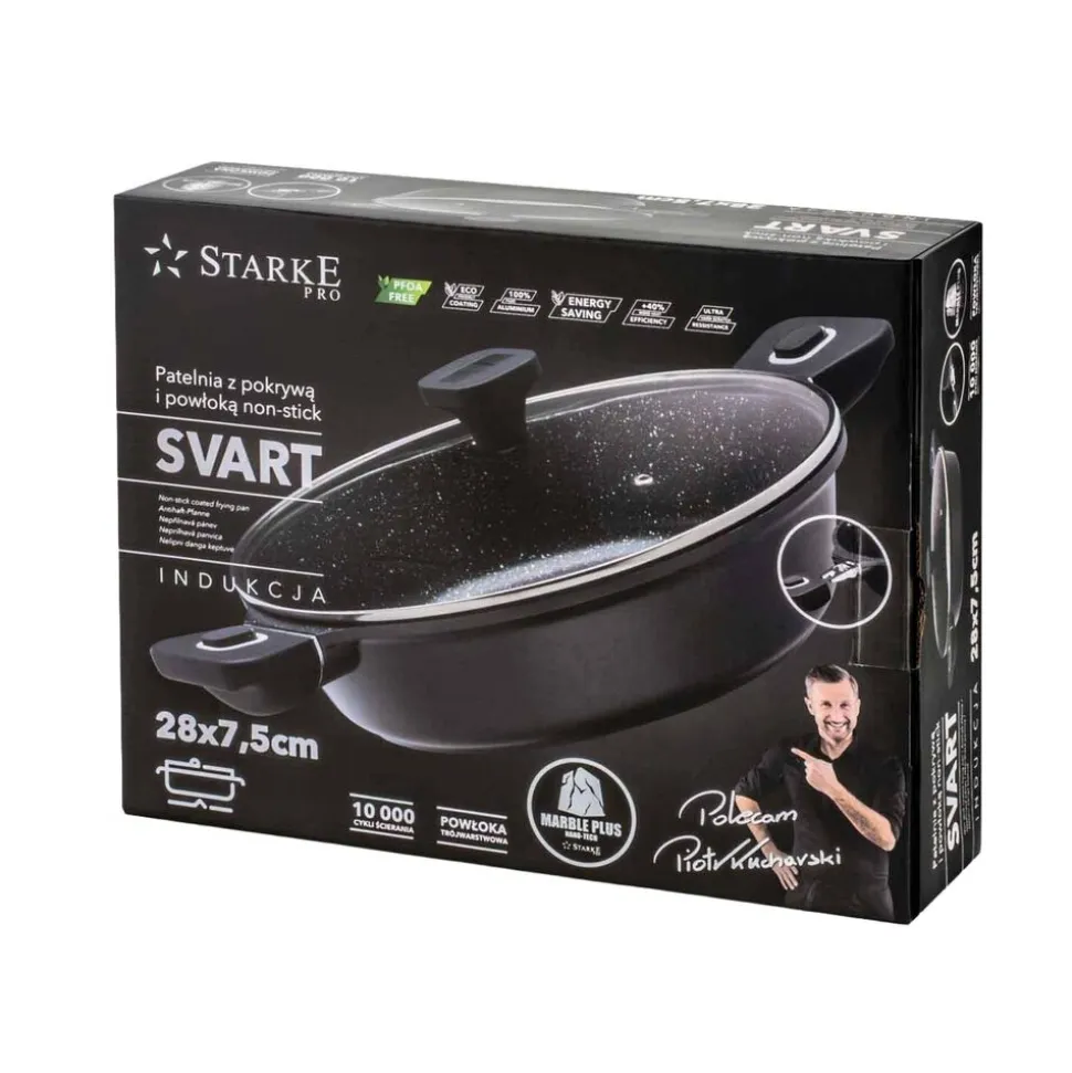 Patelnia głęboka 28 cm Starke Pro Svart Marble, z odpinanymi uchwytami i pokrywką, czarna