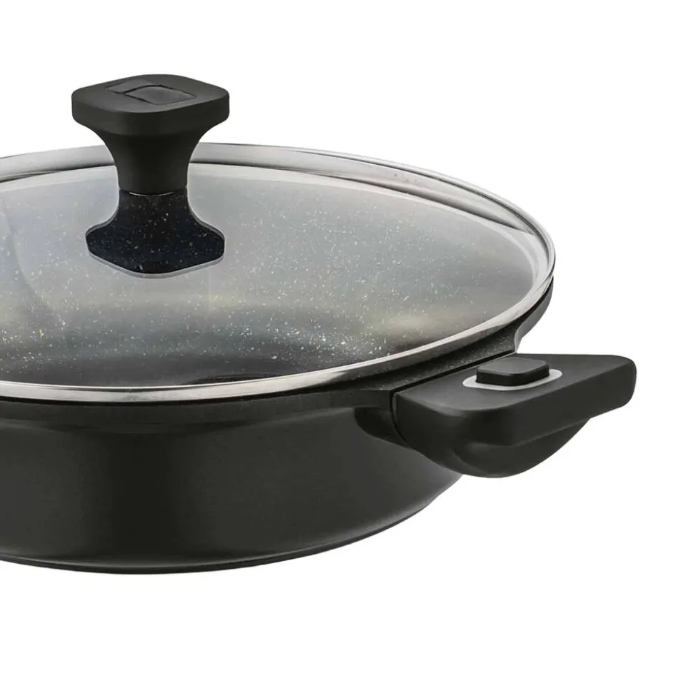 Patelnia głęboka 28 cm Starke Pro Svart Marble, z odpinanymi uchwytami i pokrywką, czarna