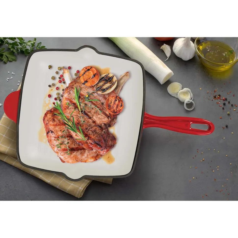 Patelnia grillowa 26 cm MG Home, żeliwna, kremowo-czerwona