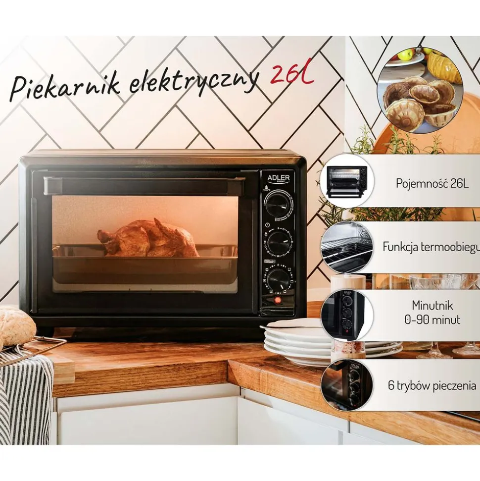 Piekarnik elektryczny Adler AD 6023, pojemność 26 l, termoobieg