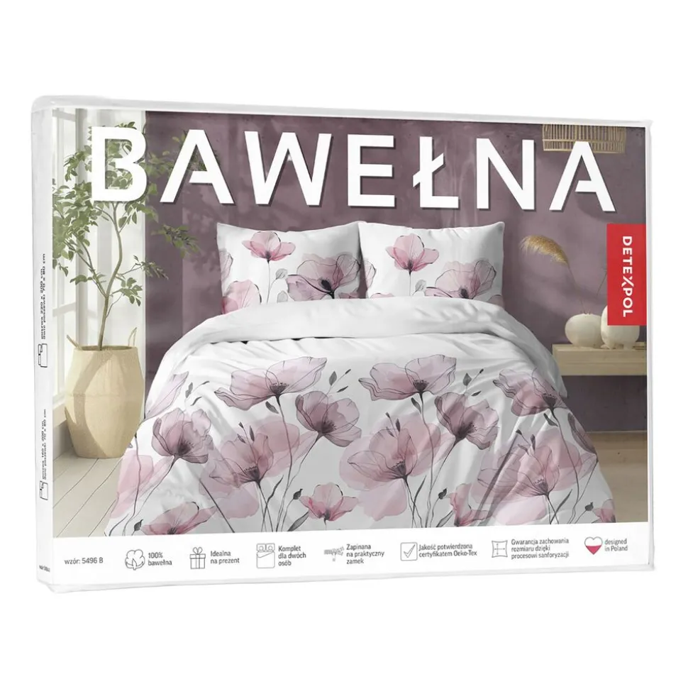 Pościel bawełniana 220 x 200 cm Detexpol, różowe kwiaty