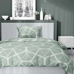 Pościel satynowa 140 x 200 cm Home Satin, miętowa z geometrycznym wzorem