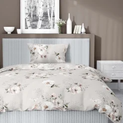 Pościel satynowa 140 x 200 cm Home Satin, szara w wiosenne kwiaty