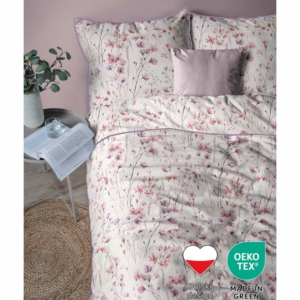 Pościel z perkalu 220 x 200 cm Lame Percale, różowo-fioletowe kwiatki