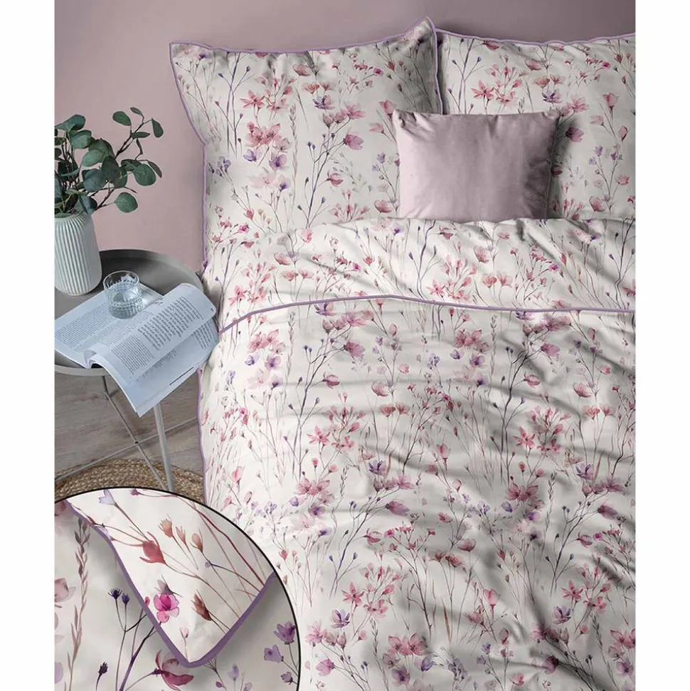 Pościel z perkalu 220 x 200 cm Lame Percale, różowo-fioletowe kwiatki