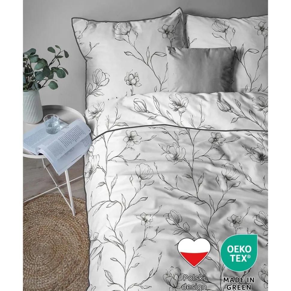 Pościel z perkalu 160 x 200 cm Lame Percale, czarne kwiaty, biała