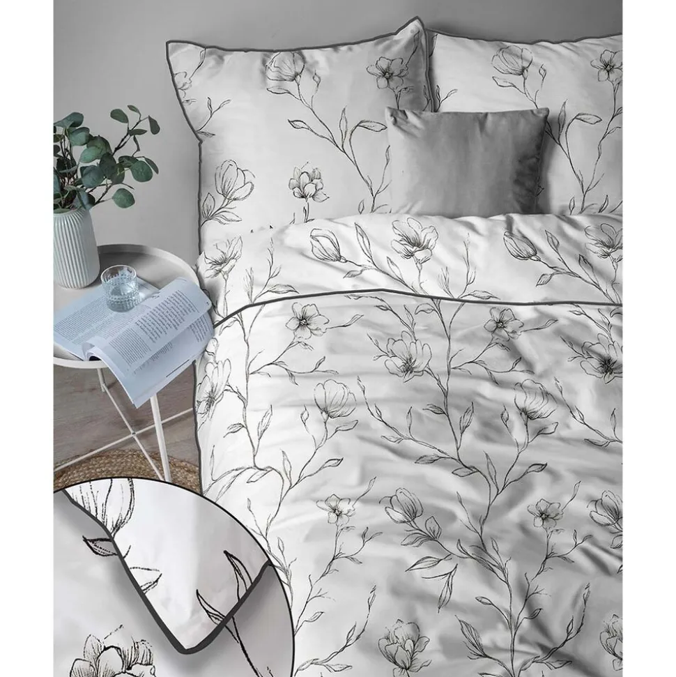 Pościel z perkalu 160 x 200 cm Lame Percale, czarne kwiaty, biała