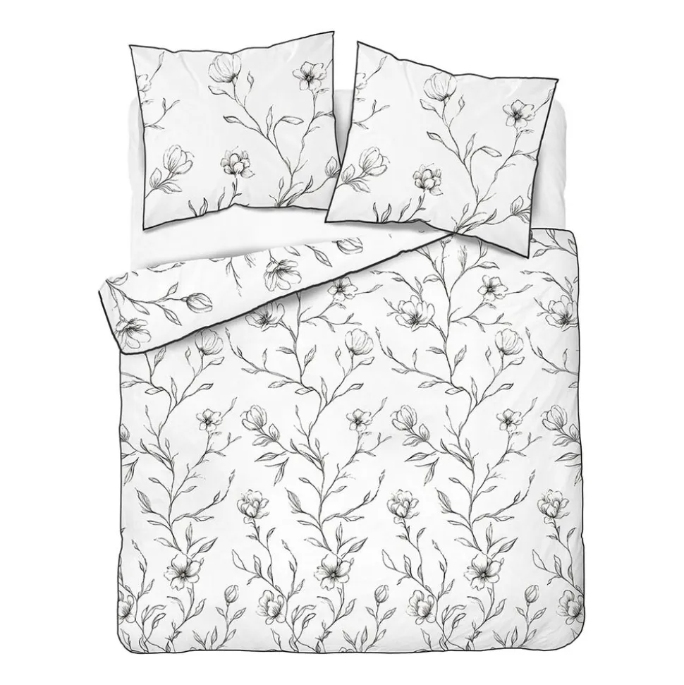 Pościel z perkalu 160 x 200 cm Lame Percale, czarne kwiaty, biała