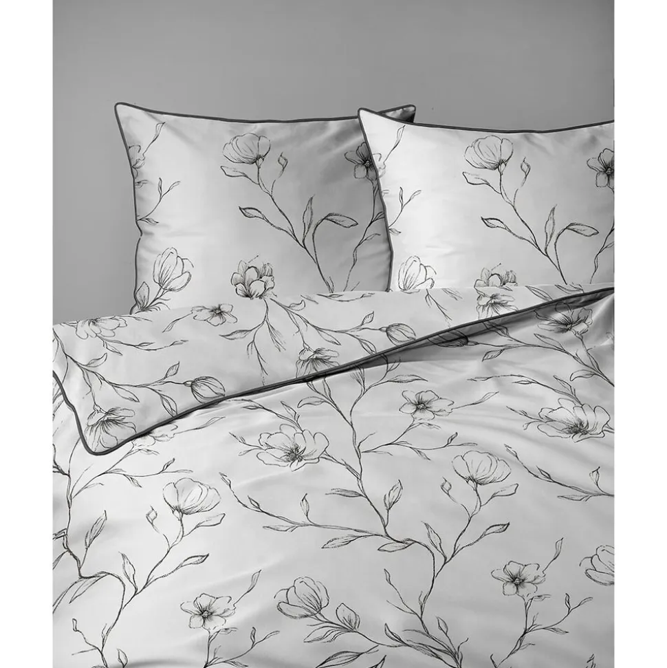 Pościel z perkalu 160 x 200 cm Lame Percale, czarne kwiaty, biała