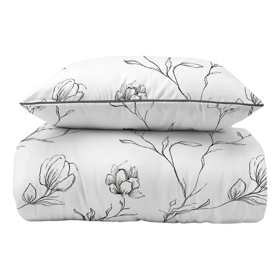 Pościel z perkalu 160 x 200 cm Lame Percale, czarne kwiaty, biała