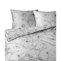 Pościel z perkalu 160 x 200 cm Lame Percale, czarne kwiaty, biała