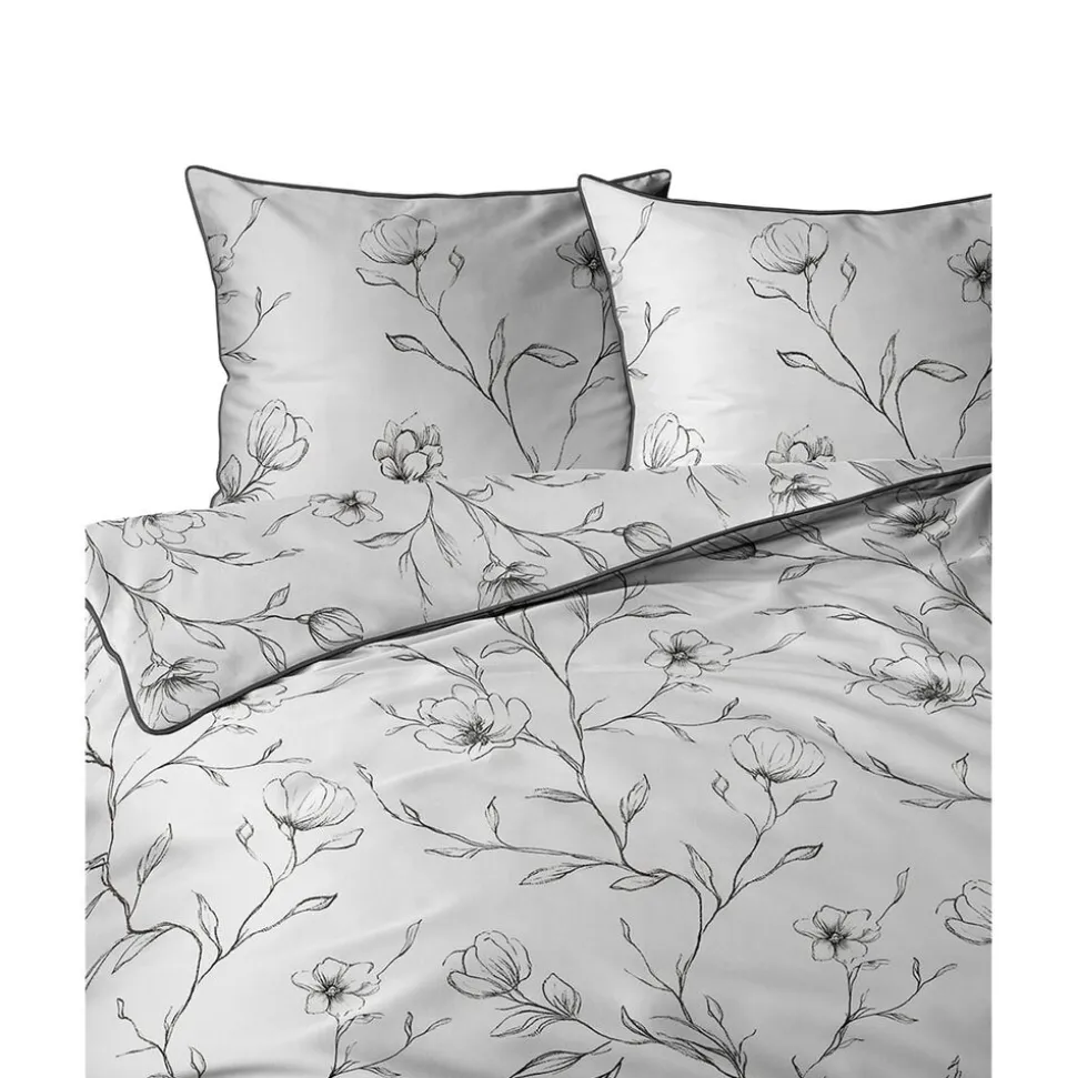Pościel z perkalu 160 x 200 cm Lame Percale, czarne kwiaty, biała