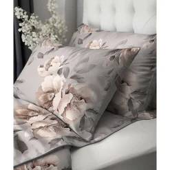 Pościel z perkalu 220 x 200 cm Lame Percale, kwiaty, szara
