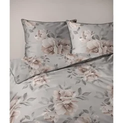 Pościel z perkalu 220 x 200 cm Lame Percale, kwiaty, szara