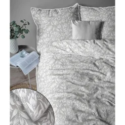 Pościel z perkalu 220 x 200 cm Lame Percale, białe kwiaty, szara