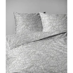 Pościel z perkalu 220 x 200 cm Lame Percale, białe kwiaty, szara