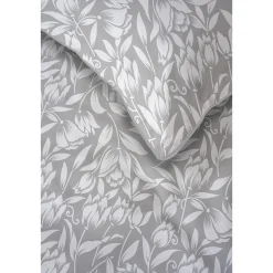 Pościel z perkalu 220 x 200 cm Lame Percale, białe kwiaty, szara