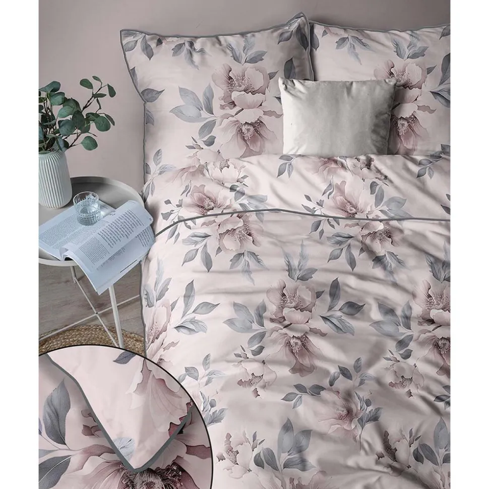 Pościel z perkalu 220 x 200 cm Lame Percale, kwiaty, różowa
