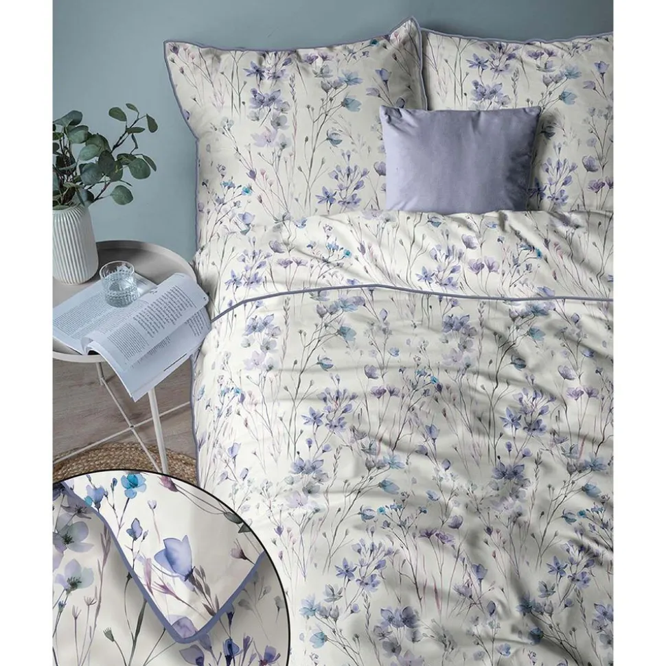 Pościel z perkalu 160 x 200 cm Lame Percale, niebieskie kwiatki