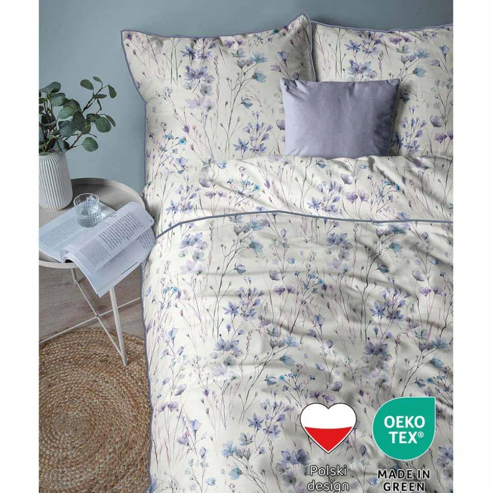 Pościel z perkalu 160 x 200 cm Lame Percale, niebieskie kwiatki