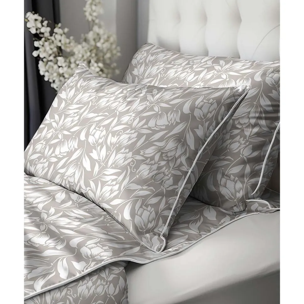 Pościel z perkalu 160 x 200 cm Lame Percale, białe kwiaty, beżowa