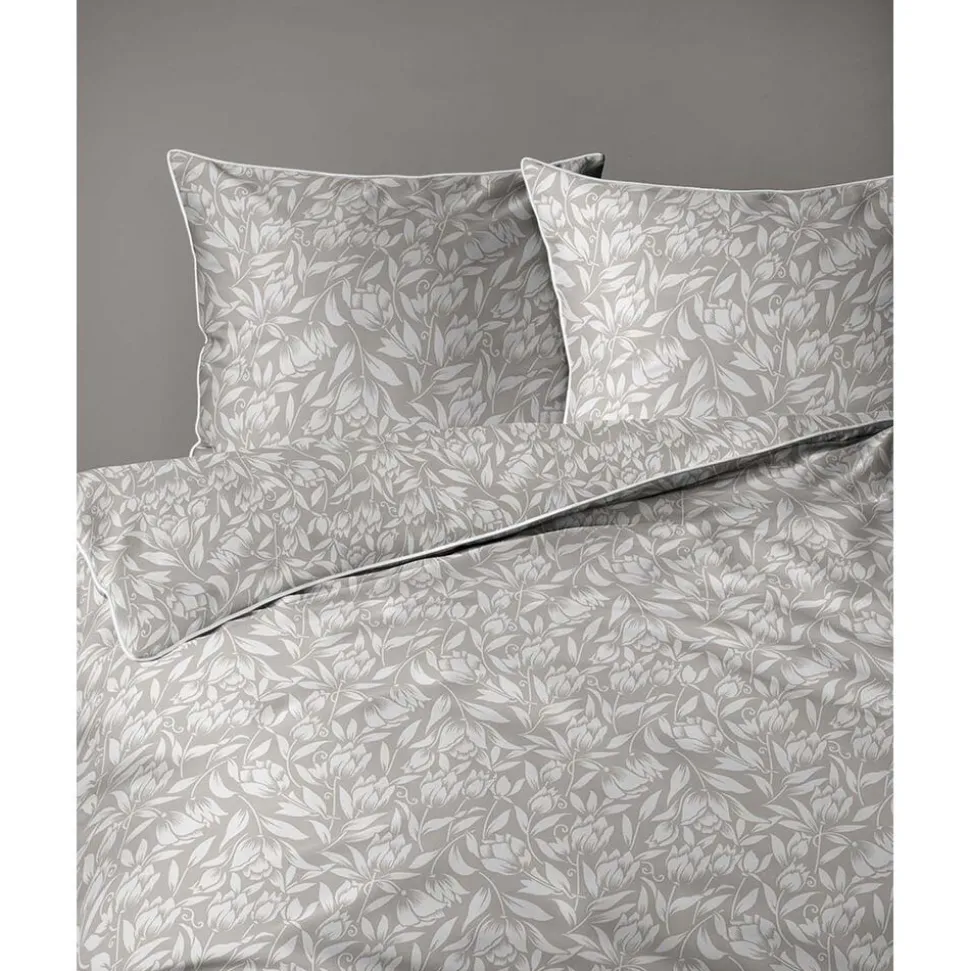 Pościel z perkalu 160 x 200 cm Lame Percale, białe kwiaty, beżowa