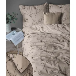 Pościel z perkalu 220 x 200 cm Lame Percale, czarne kwiaty, beżowa