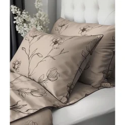 Pościel z perkalu 220 x 200 cm Lame Percale, czarne kwiaty, beżowa