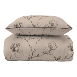 Pościel z perkalu 220 x 200 cm Lame Percale, czarne kwiaty, beżowa